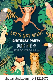 Birthday invitation with with tropical animals and bird in jungle. Exotic animals, birds, plants. Monkey, leopard, tiger, parrot, toucan. Greeting
card Template Vector illustration
