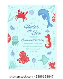 Birthday invitation under sea theme background template, children's birthday party, invitation card with cartoon sea characters: octopus, dolphin, jellyfish, etc. Vector illustration.
