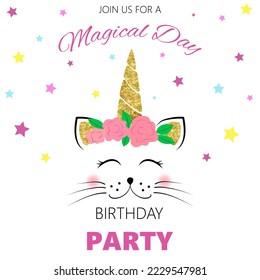 Birthday invitation with a unicorn cat in a wreath. Children's birthday invitation template. Cute cat unicorn with glitter on the horn and ears. Vector illustration