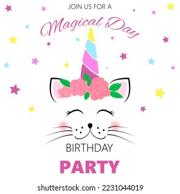 Birthday invitation with a unicorn cat in a wreath. Children's birthday invitation template. Cute unicorn cat. Vector illustration