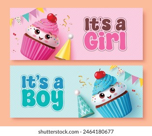 Birthday invitation vector banner set design. Girl and boy baby shower gender reveal surprise party event with strawberry and blueberry cupcake elements. Vector illustration girl and boy baby shower 