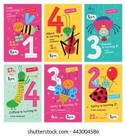 Birthday invitations. Collection of posters and invitation cards with cute insects for kids.Vector isolated illustrations.
