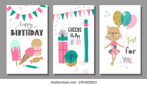 Birthday invitations, greeting cards with cute animals, balloons, gifts, ice cream, candy, flags.Vector illustration.