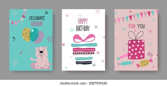 Birthday invitations, greeting cards with cute animals, balloons, gifts, ice cream, candy, flags.Vector illustration.