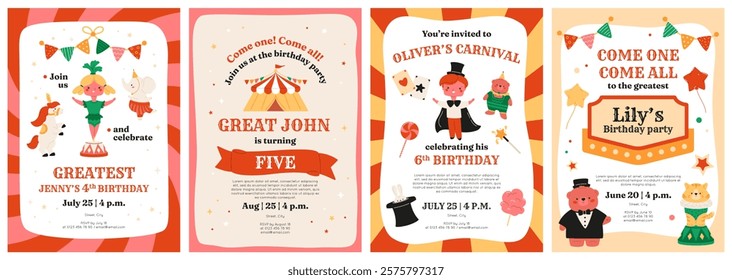 Birthday invitations templates set with circus elements and characters. Kids party banner design with boy, girl and cute animals. Fair event, carnival celebrate posters. Vector illustrations.