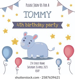 Birthday invite card. Birthday anniversary greeting card and kid party invitation template with cute rhino and balloons for children vector illustration.