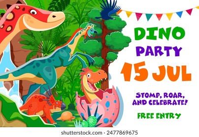 Invitación de cumpleaños, volante de fiesta de dino para niños. Invitación de Vector con dinosaurios de dibujos animados. Lindo divertido bebé dino en el huevo, ouranosaurus, styracosaurus y oviraptor en medio de un telón de fondo de la selva con decoración de banting