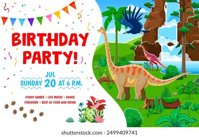 Invitación de cumpleaños, folleto de fiesta de dinosaurios para niños con divertidos dinosaurios. Vector vibrante invitación festiva Plantilla con dibujos animados Brachiosaurus, Anchisaurus y Argentavis en un exuberante paisaje, banderín y confeti