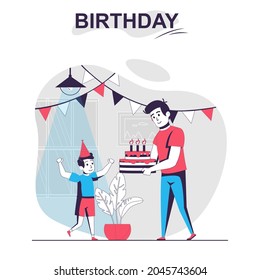 Birthday isolated cartoon concept. Father celebrates with son and gives cake with candles, people scene in flat design. Vector illustration for blogging, website, mobile app, promotional materials.