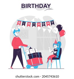 Birthday isolated cartoon concept. Father congratulates daughter and gives many gifts, party people scene in flat design. Vector illustration for blogging, website, mobile app, promotional materials