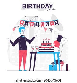 Birthday isolated cartoon concept. Man celebrating at party with cake, gifts and decor, people scene in flat design. Vector illustration for blogging, website, mobile app, promotional materials.