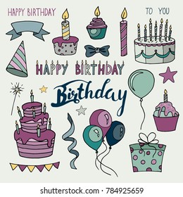 Birthday isolated elements. Happy Birthday colorful collection. Balloon, cake, candle