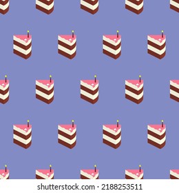 Birthday isometric cake. Isometry puff cake with candles and cream flowers vector seamless pattern. Chocolate piece and slice pink glaze icon pie from the bakery