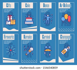 Birthday items color linear icons set. Festive table, treat, entertainment concept. Guests and presents symbols pack. Confetti, firework party supplies design elements. Isolated vector illustrations