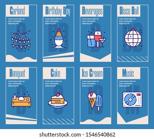 Birthday items color linear icons set. Festive table, treat, entertainment concept. Guests and presents symbols pack. Confetti, firework party supplies design elements. Isolated vector illustrations