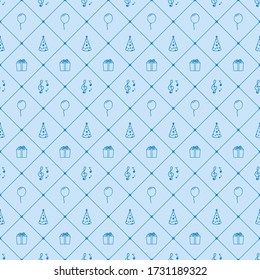 Birthday items inside rhomboid cells. Gifts, musical notes, caps and balloons on a blue background. Vector seamless pattern.