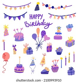 Birthday items. Sweet celebration cupcakes, ribbons, colorful balloons and birthday gifts. Cartoon Carnival elements. Everything for a holiday, party and birthday. Vector Illustration. 