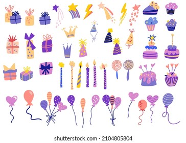 Birthday items. Sweet celebration cupcakes, ribbons, colorful balloons and birthday gifts. Cartoon Carnival elements big set. Everything for a holiday, party and birthday. Vector Illustration.