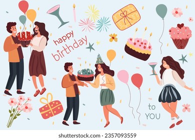 Birthday joy, Gathering of friends bearing presents and cake. Men and women enjoy mutual merriment, epitomizing celebration and happiness. Gleeful faces all around. Vector.