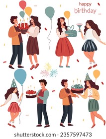 Birthday joy, Gathering of friends bearing presents and cake. Men and women enjoy mutual merriment, epitomizing celebration and happiness. Gleeful faces all around. Vector.