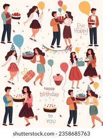 Birthday joy, Gathering of friends bearing presents and cake. Men and women enjoy mutual merriment, epitomizing celebration and happiness. Gleeful faces all around. Vector. svg