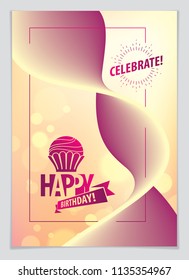Birthday joyful and bright vector greeting card. Includes lettering composition and balloons combined with wavy fluid colorful shape abstract background.