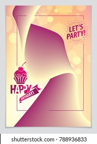 Birthday joyful and bright vector greeting card. Includes lettering composition and balloons combined with wavy fluid colorful shape abstract background.