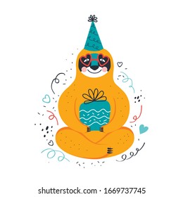 Birthday of the kawaii sloth. Cute cartoon bear in a festive hat in funny glasses with a gift. Scandinavian flat vector illustration. Design for t-shirt, poster, greeting, birthday card, sticker