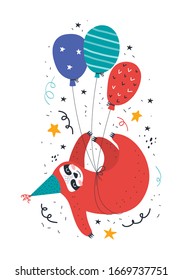 Birthday of the kawaii sloth. Cute cartoon bear flying on bright balloons. A wild animal at a holiday party.Scandinavian flat vector illustration. Design for t-shirt, poster, greeting, card, sticker