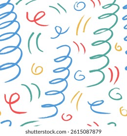 Birthday kids lines seamless pattern. Squiggle crayon line geometric party endless background. Fun confetti party repeat cover. Surface pattern design festive motif. Vector hand drawn illustration.
