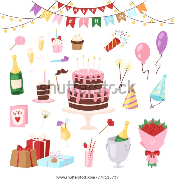 Birthday Kids Party Vector Cartoon Childs Happy Birth Cake Or Cupcake Celebration With Gifts And Happy Birthday Balloons For Children On Anniversary Holiday Set Illustration Isolated On Background