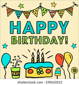 Birthday Kids vector card with colorful balloons, cake, hat, cocktail to design holiday cards and invitation for a . Quote Look Who s one year