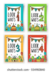 Birthday Kids vector card with colorful numeral candle, balloons, cake, hat, cocktail to design holiday cards and invitation for a birthday. Quote Look Who s one, two, three, four year