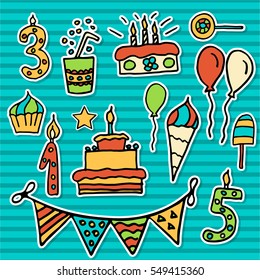 Birthday Kids vector sticker with colorful balloons, cake, hat, cocktail to design holiday cards and invitation. 