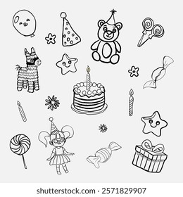 Birthday kit. Vector image in pencil drawing style. Cake, gift, candy star candle, holiday hat, girl bear pinata