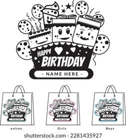 Birthday label sticker template, suitable to print on goodie bag and any merchandise. cute character cake, ice cream, gift boxes, balloons vector illustration.