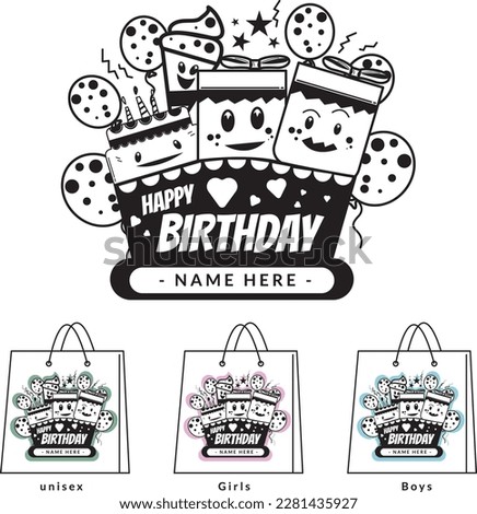 Birthday label sticker template, suitable to print on goodie bag and any merchandise. cute character cake, ice cream, gift boxes, balloons vector illustration.