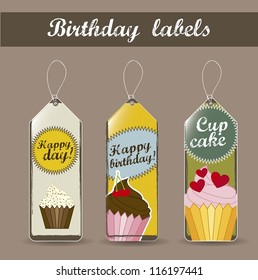 birthday labels with cup cakes, vintage style. vector illustration