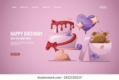 Birthday landing page. Birthday webpage with birthday cake, girl, balloons, caps, gift box, teddy bear, celebration, holiday, event, congratulations . Girl birthday concept. Vector illustration .
