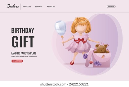 Birthday landing page. Birthday webpage with birthday cake, girl, balloons, caps, gift box, teddy bear, celebration, holiday, event, congratulations . Girl birthday concept. Vector illustration .