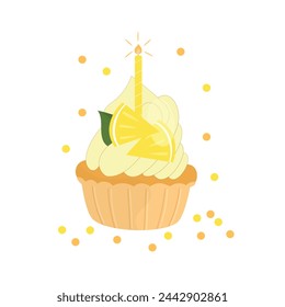 Birthday lemon cupcake with candle and confetti. Greeting card. Vector illustration on white background.