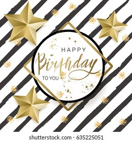 Birthday lettering background with golden stars and glitter. Trendy design for greeting card, poster, banner, invitation. Vector illustration.