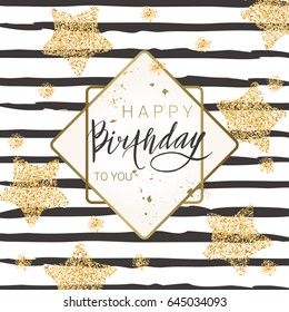 Birthday lettering background with golden stars and glitter. Trendy design for greeting card, poster, banner, invitation. Vector illustration.