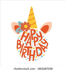Birthday lettering with unicorn and flower elements. Design for printing greeting cards in red letters. Vector illustration hand-drawing.