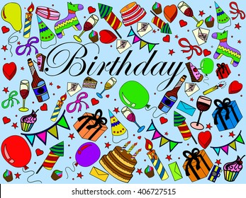 Birthday line art design vector illustration. Natal day separate objects. Hand drawn doodle design elements.