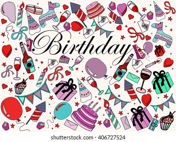 Birthday line art design vector illustration. Natal day separate objects. Hand drawn doodle design elements.