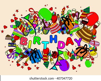 Birthday line art design vector illustration. Natal day separate objects. Hand drawn doodle design elements.