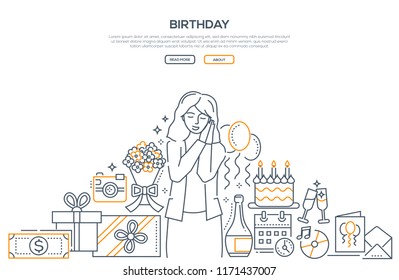 Birthday - line design style banner on white background with place for text. High quality composition with a young woman celebrating, presents, cake, money, postcard, a bottle of champagne, flowers