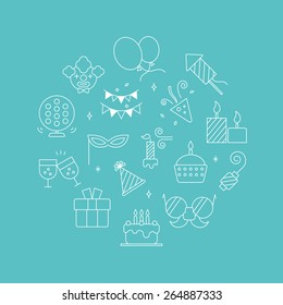 Birthday line icon circle set