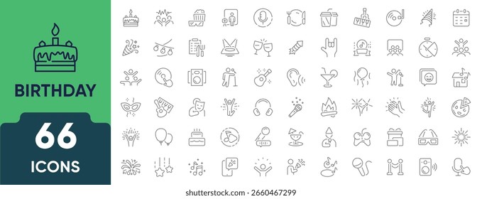 Birthday line icon set. Includes 66 outline icons related to celebration, cake, party, balloons, gifts, and decorations. Linear icon collection. Editable stroke.